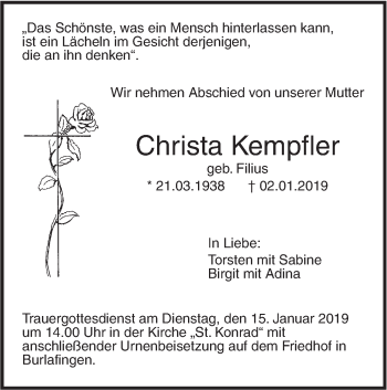 Traueranzeige von Christa Kempfler von SÜDWEST PRESSE