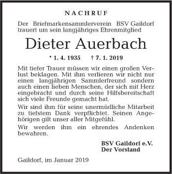 Traueranzeige von Dieter Auerbach von Rundschau Gaildorf