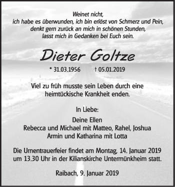 Traueranzeige von Dieter Goltze von Haller Tagblatt