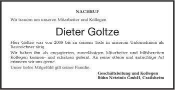 Traueranzeige von Dieter Goltze von Haller Tagblatt