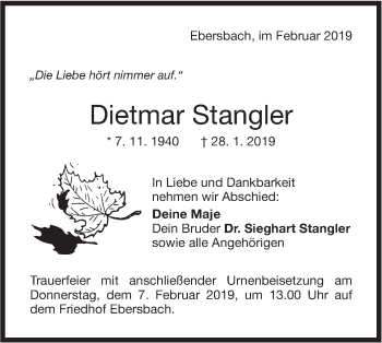 Traueranzeige von Dietmar Stangler von NWZ Neue Württembergische Zeitung