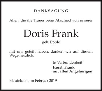 Traueranzeige von Doris Frank von Hohenloher Tagblatt