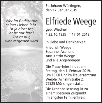 Traueranzeige von Elfriede Weege von Alb-Bote/Metzinger-Uracher Volksblatt