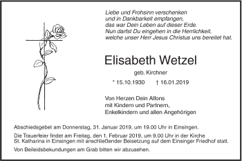 Traueranzeige von Elisabeth Wetzel von SÜDWEST PRESSE Ausgabe Ulm/Neu-Ulm