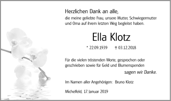 Traueranzeige von Ella Klotz von Haller Tagblatt