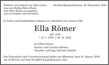 Traueranzeige von Ella Römer von Alb-Bote/Metzinger-Uracher Volksblatt