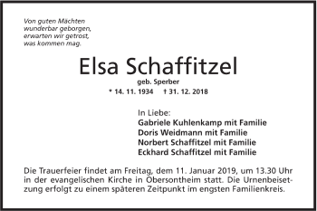 Traueranzeige von Elsa Schaffitzel von Haller Tagblatt