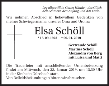 Traueranzeige von Elsa Schöll von Hohenloher Tagblatt