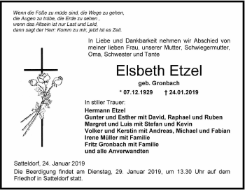 Traueranzeige von Elsbeth Etzel von Hohenloher Tagblatt