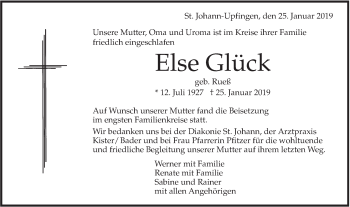 Traueranzeige von Else Glück von Alb-Bote/Metzinger-Uracher Volksblatt