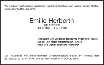 Traueranzeige von Emilie Herberth von NWZ Neue Württembergische Zeitung