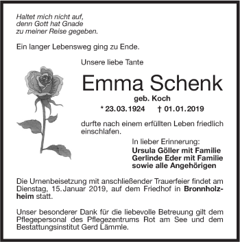 Traueranzeige von Emma Schenk von Hohenloher Tagblatt