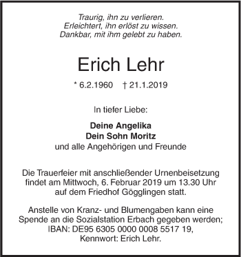 Traueranzeige von Erich Lehr von SÜDWEST PRESSE Ausgabe Ulm/Neu-Ulm