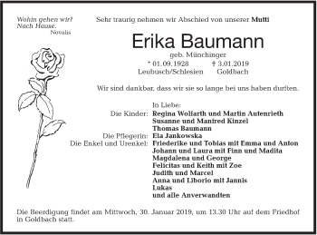 Traueranzeige von Erika Baumann von Hohenloher Tagblatt