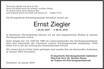 Traueranzeige von Ernst Ziegler von Hohenloher Tagblatt