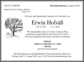 Traueranzeige von Erwin Hofsäß von Rundschau Gaildorf