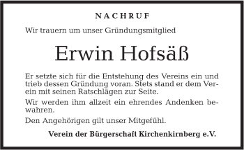 Traueranzeige von Erwin Hofsäß von Rundschau Gaildorf