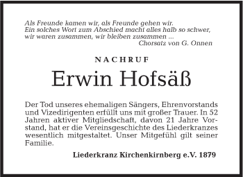 Traueranzeige von Erwin Hofsäß von Rundschau Gaildorf