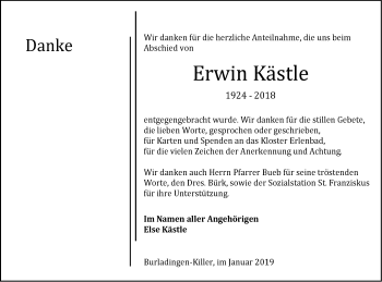 Traueranzeige von Erwin Kästle von Hohenzollerische Zeitung