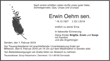 Traueranzeige von Erwin Oehm sen. von SÜDWEST PRESSE Ausgabe Ulm/Neu-Ulm