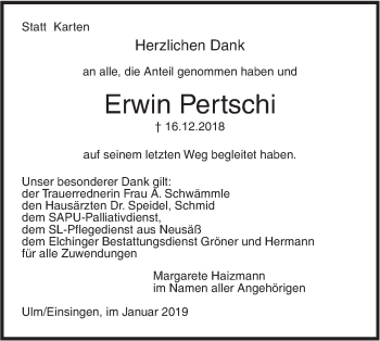 Traueranzeige von Erwin Pertschi von SÜDWEST PRESSE Ausgabe Ulm/Neu-Ulm