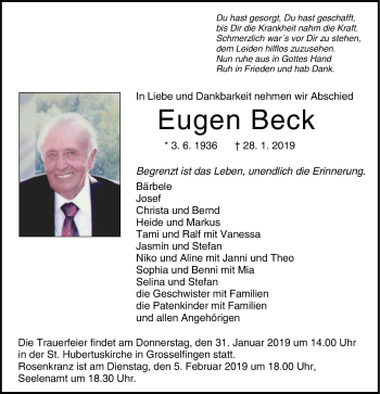 Traueranzeige von Eugen Beck von Hohenzollerische Zeitung