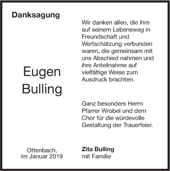 Traueranzeige von Eugen Bulling von NWZ Neue Württembergische Zeitung