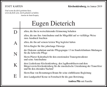 Traueranzeige von Eugen Dieterich von Rundschau Gaildorf