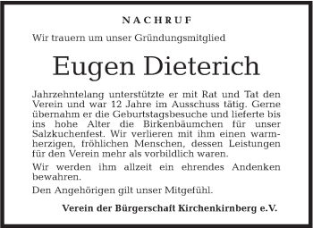 Traueranzeige von Eugen Dieterich von Rundschau Gaildorf