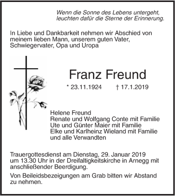 Traueranzeige von Franz Freund von SÜDWEST PRESSE Ausgabe Ulm/Neu-Ulm