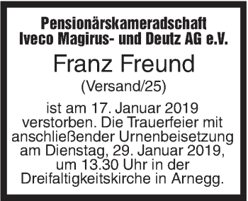 Traueranzeige von Franz Freund von SÜDWEST PRESSE Ausgabe Ulm/Neu-Ulm