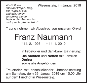 Traueranzeige von Franz Naumann von Geislinger Zeitung