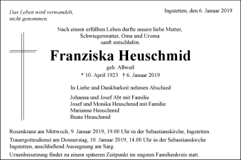 Traueranzeige von Franziska Heuschmid von Ehinger Tagblatt