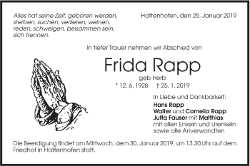 Traueranzeige von Frida Rapp von NWZ Neue Württembergische Zeitung