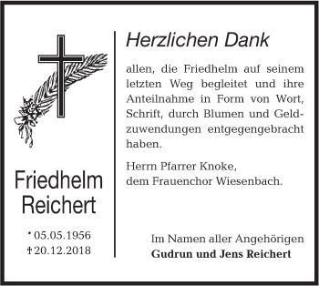 Traueranzeige von Fridhelm Reichert von Hohenloher Tagblatt