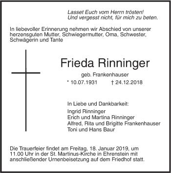 Traueranzeige von Frieda Rinninger von SÜDWEST PRESSE Ausgabe Ulm/Neu-Ulm