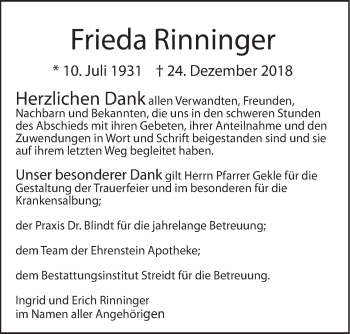 Traueranzeige von Frieda Rinninger von SÜDWEST PRESSE Ausgabe Ulm/Neu-Ulm