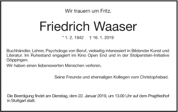 Traueranzeige von Friedrich Waaser von NWZ Neue Württembergische Zeitung