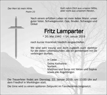 Traueranzeige von Fritz Lamparter von SÜDWEST PRESSE Ausgabe Ulm/Neu-Ulm