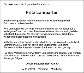 Traueranzeige von Fritz Lamparter von SÜDWEST PRESSE Ausgabe Ulm/Neu-Ulm