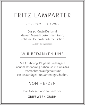 Traueranzeige von Fritz Lamparter von SÜDWEST PRESSE Ausgabe Ulm/Neu-Ulm