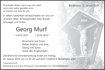 Traueranzeige von Georg Murf von Haller Tagblatt