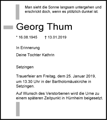 Traueranzeige von Georg Thum von SÜDWEST PRESSE Ausgabe Ulm/Neu-Ulm