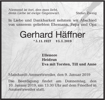 Traueranzeige von Gerhard Häffner von Haller Tagblatt