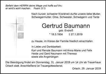 Traueranzeige von Gertrud Baumann von Haller Tagblatt