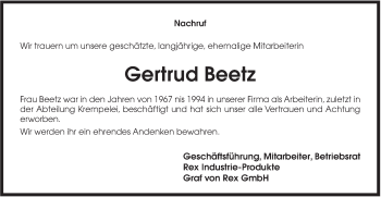 Traueranzeige von Gertrud Beetz von Haller Tagblatt