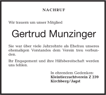 Traueranzeige von Gertrud Munzinger von Hohenloher Tagblatt