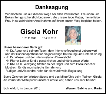 Traueranzeige von Gisela Kohr von Hohenloher Tagblatt