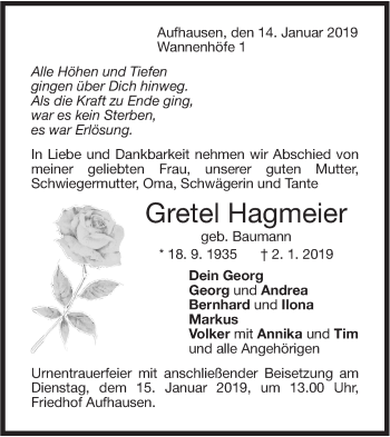 Traueranzeige von Gretel Hagmeier von SÜDWEST PRESSE Ausgabe Ulm/Neu-Ulm