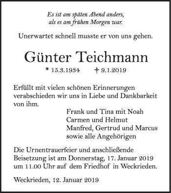 Traueranzeige von Günter Teichmann von Haller Tagblatt